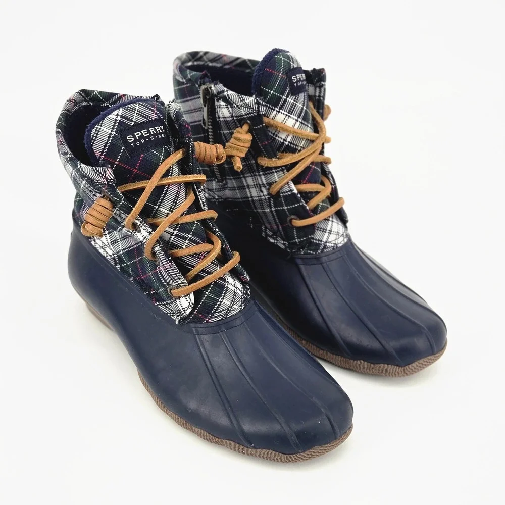 Sperry Top-Sider Saltwater Women Duck Boots Navy Plaid Winter Rain 5.5 Youth 4Y